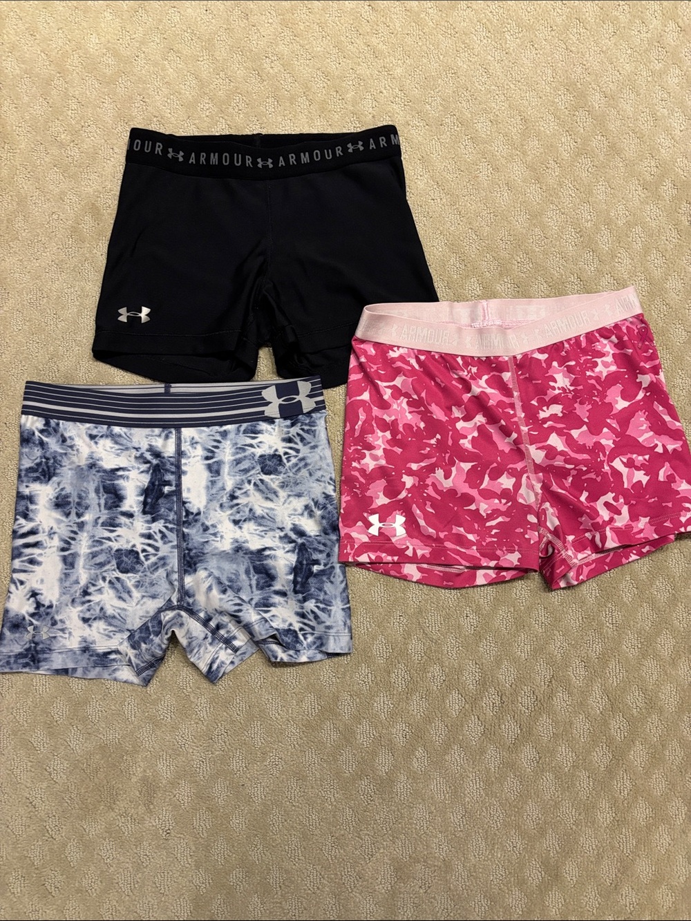 Under Armour Women's Athletic Shorts Trio - Black, Pink Camo, Blue Marble